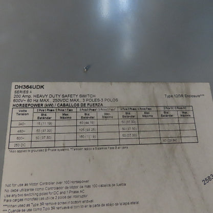 Eaton DH364UDK 200A 3-Pole Non-Fusible Heavy Duty Safety Disconnect Switch 600V