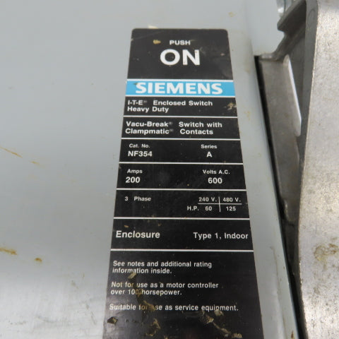 Siemens NF354 200A 3-Pole Heavy Duty Safety Disconnect Switch 600VAC