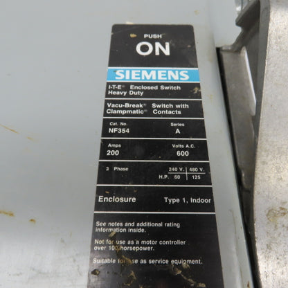 Siemens NF354 200A 3-Pole Heavy Duty Safety Disconnect Switch 600VAC