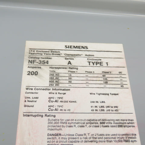 Siemens NF354 200A 3-Pole Heavy Duty Safety Disconnect Switch 600VAC