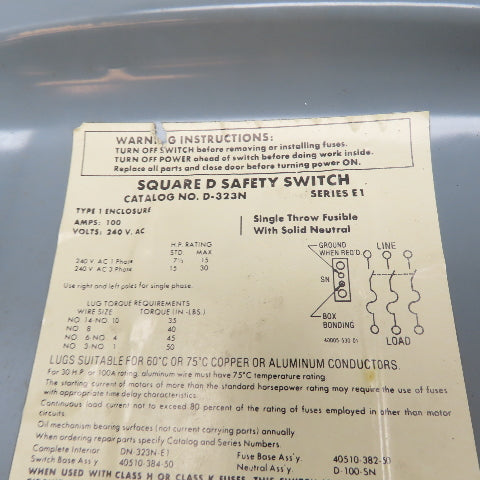 Square D D-323N 100A 3-Pole Fusible Safety Disconnect Switch 240VAC
