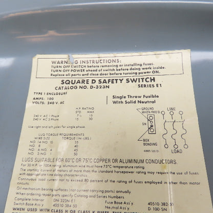 Square D D-323N 100A 3-Pole Fusible Safety Disconnect Switch 240VAC