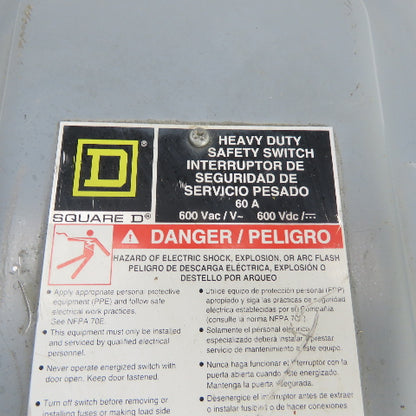 Square D 60A 3-Pole Non-Fusible Safety Disconnect Switch 600V