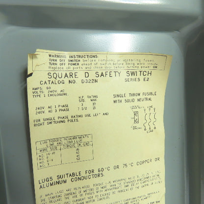 Square D D322N 60A 3-Pole Fusible Safety Disconnect Switch 240VAC