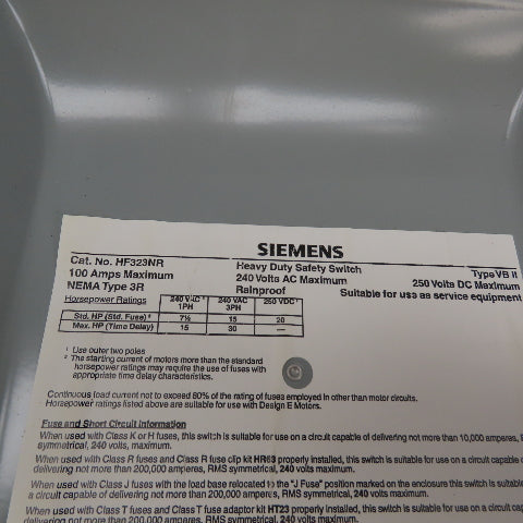 Siemens HF323NR 100A 3-Pole Fusible Safety Disconnect Switch 240VAC