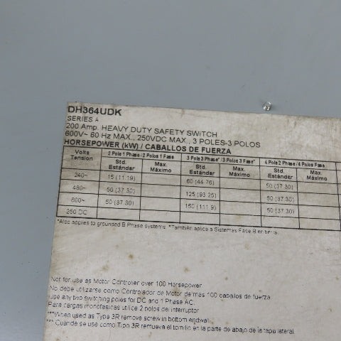Eaton DH364UDK 200A 3-Pole Non-Fusible Heavy Duty Safety Disconnect Switch 600V