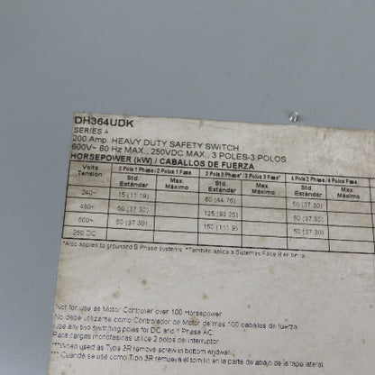 Eaton DH364UDK 200A 3-Pole Non-Fusible Heavy Duty Safety Disconnect Switch 600V
