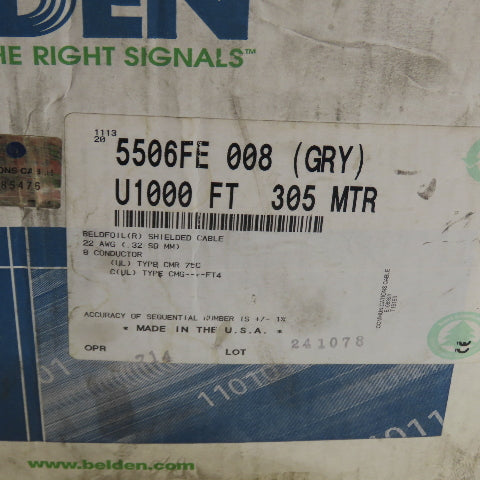 Belden 5506FE 008 (GRY) 22 AWG 8 Conductor Shielded Cable 15+ LBS