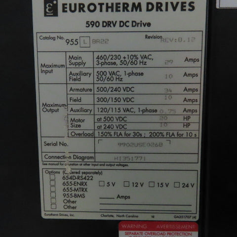 Eurotherm 955 L BR22 590 DRV DC Drive 34A 20HP 500/240VDC Out 590S-0700-6-1-0-00