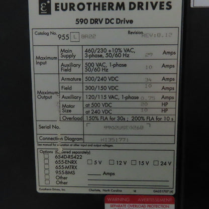 Eurotherm 955 L BR22 590 DRV DC Drive 34A 20HP 500/240VDC Out 590S-0700-6-1-0-00