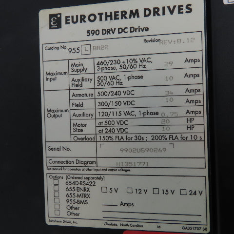 Eurotherm 955 L BR22 590 DRV DC Drive 34A 20HP 500/240VDC Out 590S-0700-6-1-0-00