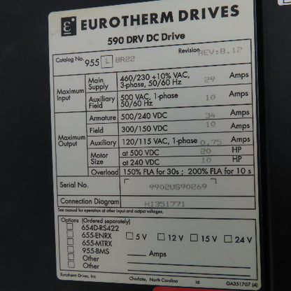 Eurotherm 955 L BR22 590 DRV DC Drive 34A 20HP 500/240VDC Out 590S-0700-6-1-0-00