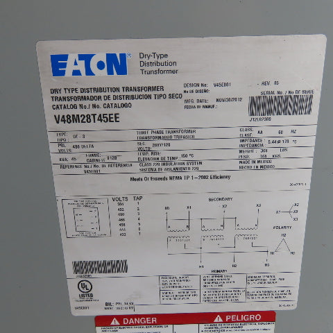 Eaton V48M28T45EE 45kVA 3Ph Dry-Type Transformer 480V Pri 208Y/120V Sec