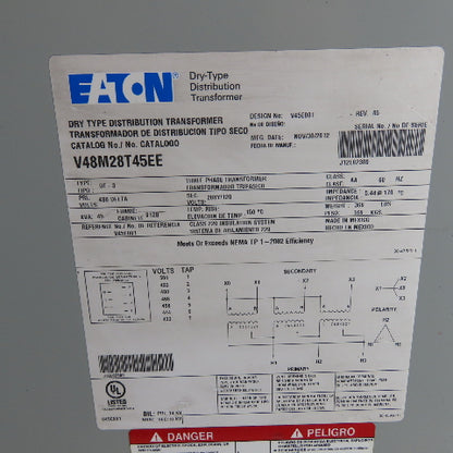 Eaton V48M28T45EE 45kVA 3Ph Dry-Type Transformer 480V Pri 208Y/120V Sec