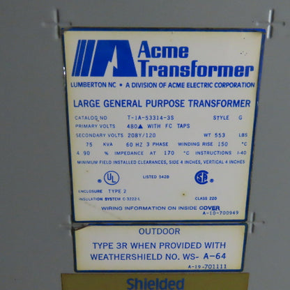 Acme T-1A-53314-3S 75KVA 3-Ph General Purpose Transformer 480V Pri 208Y/120V Sec
