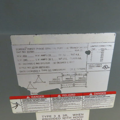 Square D 15T6H 15 kVA Dry Type General Purpose Transformer 480V Pri 240V Sec 3Ph