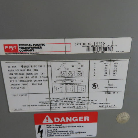 Federal Pacific T4T45 45KVA Dry Type Transformer 3Ph 480V Pri 208Y/120V Sec