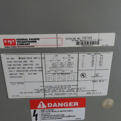 Federal Pacific T4T45 45KVA Dry Type Transformer 3Ph 480V Pri 208Y/120V Sec