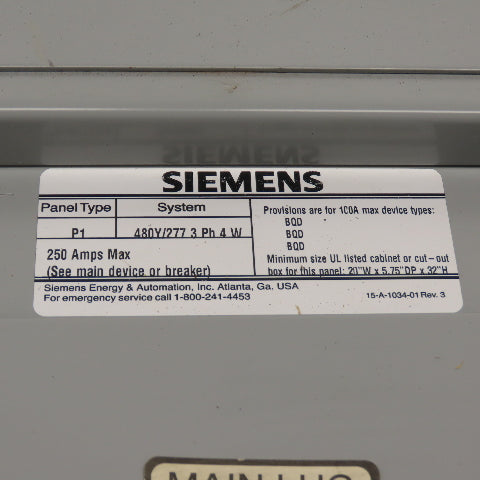 Siemens P1E18ML125CTS 125A Main Lug Panelboard Enclosure 250A Max 480Y/277V 3Ph