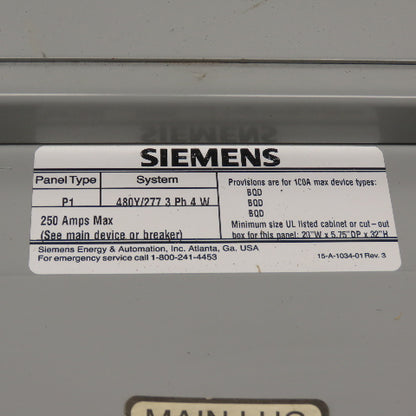 Siemens P1E18ML125CTS 125A Main Lug Panelboard Enclosure 250A Max 480Y/277V 3Ph