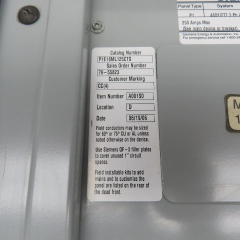 Siemens P1E18ML125CTS 125A Main Lug Panelboard Enclosure 250A Max 480Y/277V 3Ph