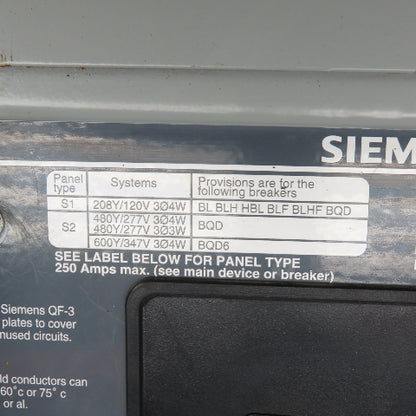 Siemens S1C18ML125CTS 125A Main Lug Circuit Breaker Panelboard 208Y/120V 3Ph 4W