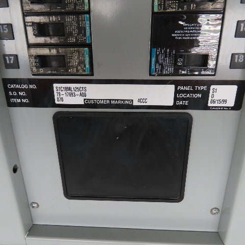 Siemens S1C18ML125CTS 125A Main Lug Circuit Breaker Panelboard 208Y/120V 3Ph 4W