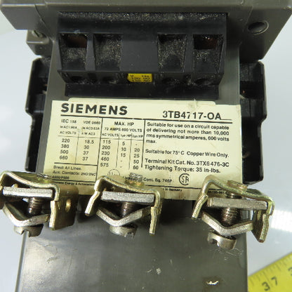 Siemens 3TB4717-0A 3-Pole Motor Starter Contactor 600V W/ 3UA58 00-2F 32-50A