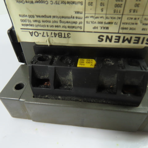 Siemens 3TB4717-0A 3-Pole Motor Starter Contactor 600V W/ 3UA58 00-2F 32-50A