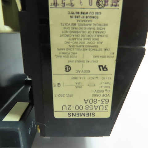 Siemens 3TF48 AC Contactor Motor Starter 600V 3Ph W/ 63-80A Relay 3UA58 00-2U