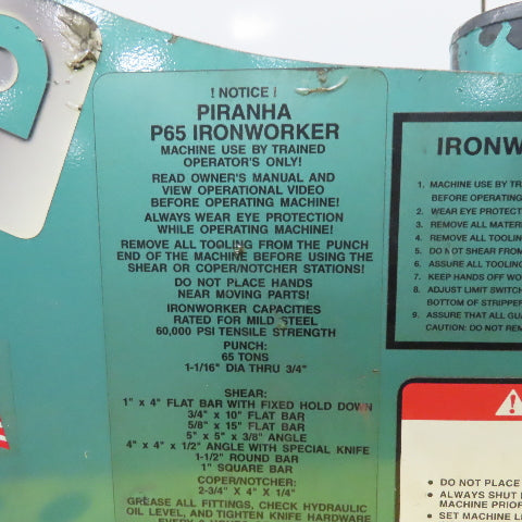 Piranha P-65 65 Ton 5 Station Punch Notch Shear Ironworker 480V 3Ph Tested