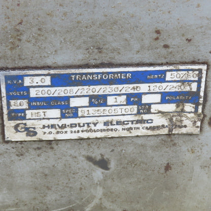Hevi-Duty Electric 9135205T00 200-240V Pri 3kVa 120/240V Sec 1Oh Transformer