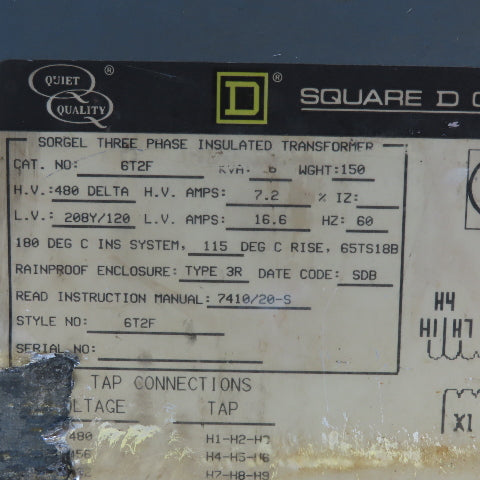 Square D 6T2F Sorgel Three Phase Insulated Transformer 6kVA 60Hz 3Ph Type 3R
