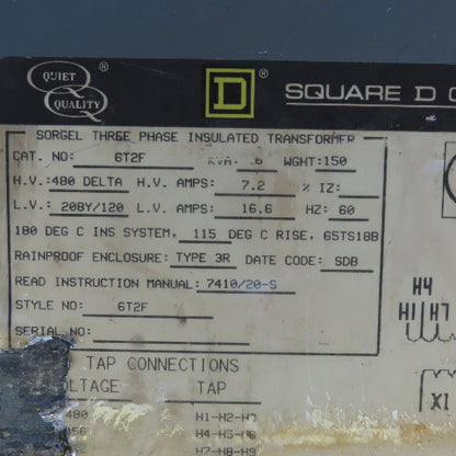 Square D 6T2F Sorgel Three Phase Insulated Transformer 6kVA 60Hz 3Ph Type 3R