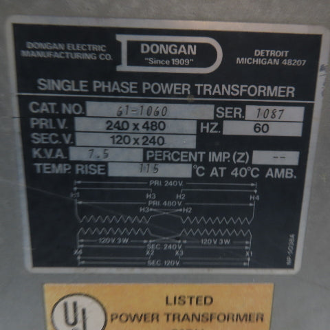 Dongan Electric 61-1060 Single Phase Power Transformer 7.5kVA 60Hz