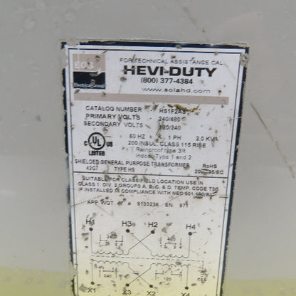 Hevi-Duty HS1F2AS 240/480V Pri 120/240V Sec Transformer 2.0kVA 60Hz 1Ph