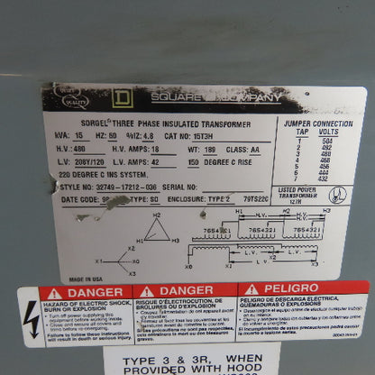 Square D 15T3H 15kVA 3Ph Dry Type Transformer 480V Pri 208Y/120V Sec Tested