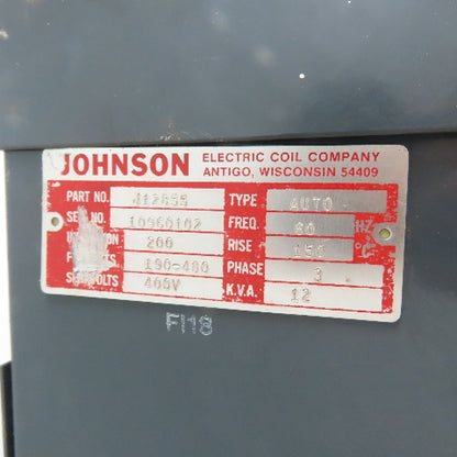 Johnson Electric Coil J12855 12KVA 3Ph Auto Transformer 190-480V Pri 400V Sec