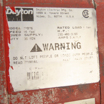 Dayton 3YB76 1 Ton 2000Lb Electric Chain Hoist 20' Lift 16 FPM 230/460V 3Ph