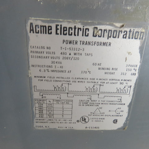 Acme T-1-53312-3 30kVA Dry Type Power Transformer 480V Pri 208Y/120V Sec 3Ph