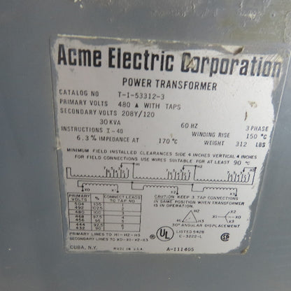 Acme T-1-53312-3 30kVA Dry Type Power Transformer 480V Pri 208Y/120V Sec 3Ph