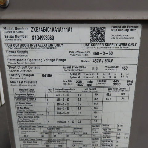 York ZXG14E4C1AA1A111A1 12.5 Ton Rooftop NAT Gas Furnace & A/C 460V Needs Freon