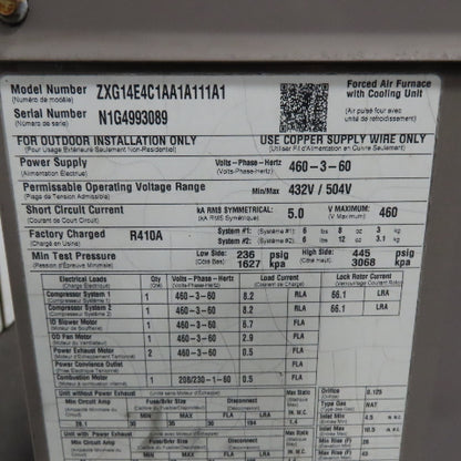 York ZXG14E4C1AA1A111A1 12.5 Ton Rooftop NAT Gas Furnace & A/C 460V Needs Freon