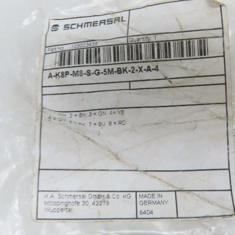 Schmersal A-K8P-M8-S-G-5M-BK-2-X-A-4 Connecting Sensor Cable 5m