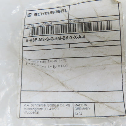 Schmersal A-K8P-M8-S-G-5M-BK-2-X-A-4 Connecting Sensor Cable 5m