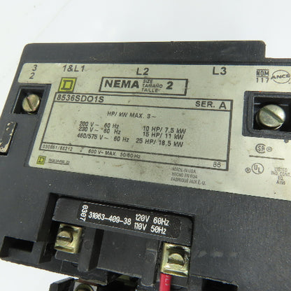 Square D 8536SDO1S NEMA Size 2 Magnetic Motor Starter 120V Coil 3-Pole 600V
