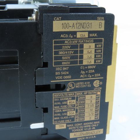 Allen-Bradley 100-A12ND31 12A 600V 3-Pole Reversing Contactor Assembly 120V Coil