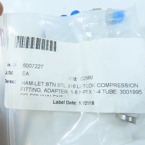 Ham-Let Let-Lok Compression Fitting Adapter 1/8" NPT x 1/4" Tube Lot Of 4