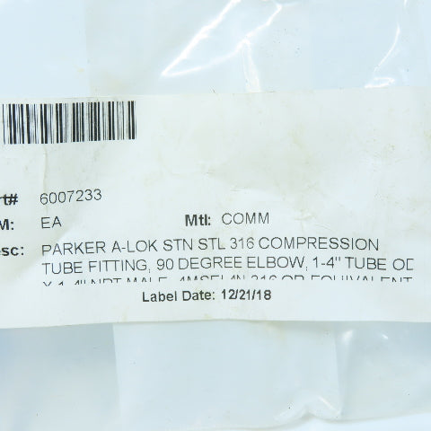 Parker 1/4" NPT x 1/4" Compression Stainless Steel Fitting Elbow 90° Lot Of 3