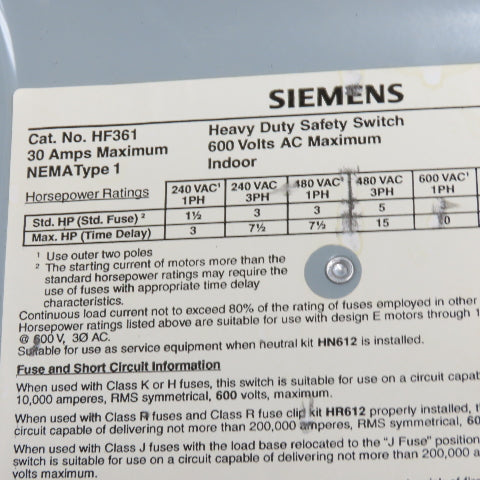 Siemens HF361 30A 3-Pole Fusible Heavy Duty Safety Disconnect Switch 600VAC